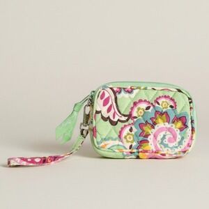 Vera Bradley Tutti Frutti Mini Zip ID Wristlet Quilted Floral Paisley Mint Green
